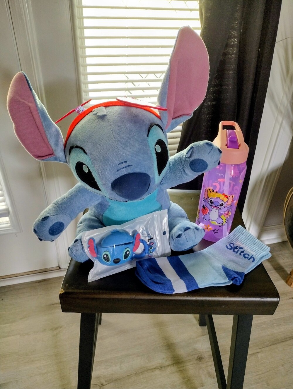 Disney Stitch Plush -Air Pod Case Holder -Socks- Water Bottle Gift Set Bundle